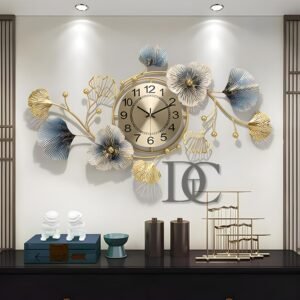 Metal Analog Wall Clock - Floral Design with Silent Sweep Machine - Ideal Home Decor Items and Wall Decoration Items for Living Room/Office/Cafes/Hotel, 76.2x55.9 cm, Blue, Golden