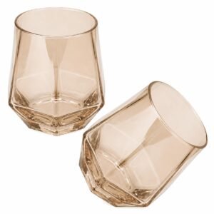 STORE 2508 Set of 2 Stemless Drinking Glasses, 300 ml Geometric Tumblers with Weighted Hexahedron Base, Tilted Design for Whisky, Juice, Water and Cocktails (Champagne Blush)