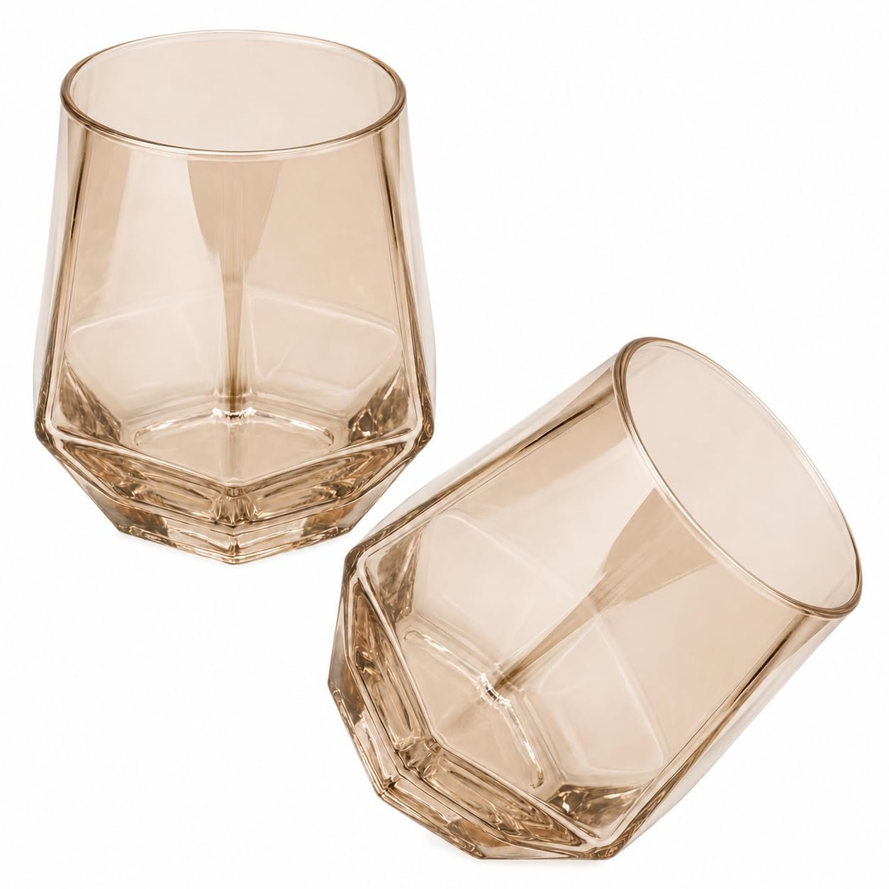 STORE 2508 Set of 2 Stemless Drinking Glasses, 300 ml Geometric Tumblers with Weighted Hexahedron Base, Tilted Design for Whisky, Juice, Water and Cocktails (Champagne Blush)