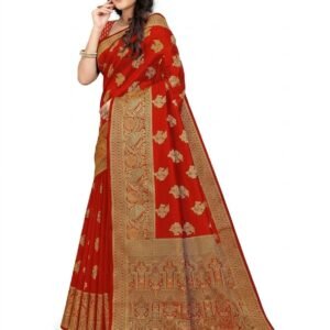Women's Banarasi Silk Saree With Blouse Piece (Red, 6.10m) Golden Zari Woven Floral Butta Traditional Festive Wedding Saree For Women