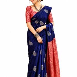 Womens Banarasi Kanjivaram Silk Saree | Woven Zari Paisley Motif & Contrast Red Border | Includes Blouse Material