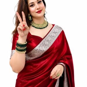 Banarasi Satin Kanjivaram Saree, Silver Zari Pure Soft Blend Silk Sari Satin Women Kanchipuram Paithani Silk Party Wedding New Ladies Wine Color Sadi with Blouse Piece