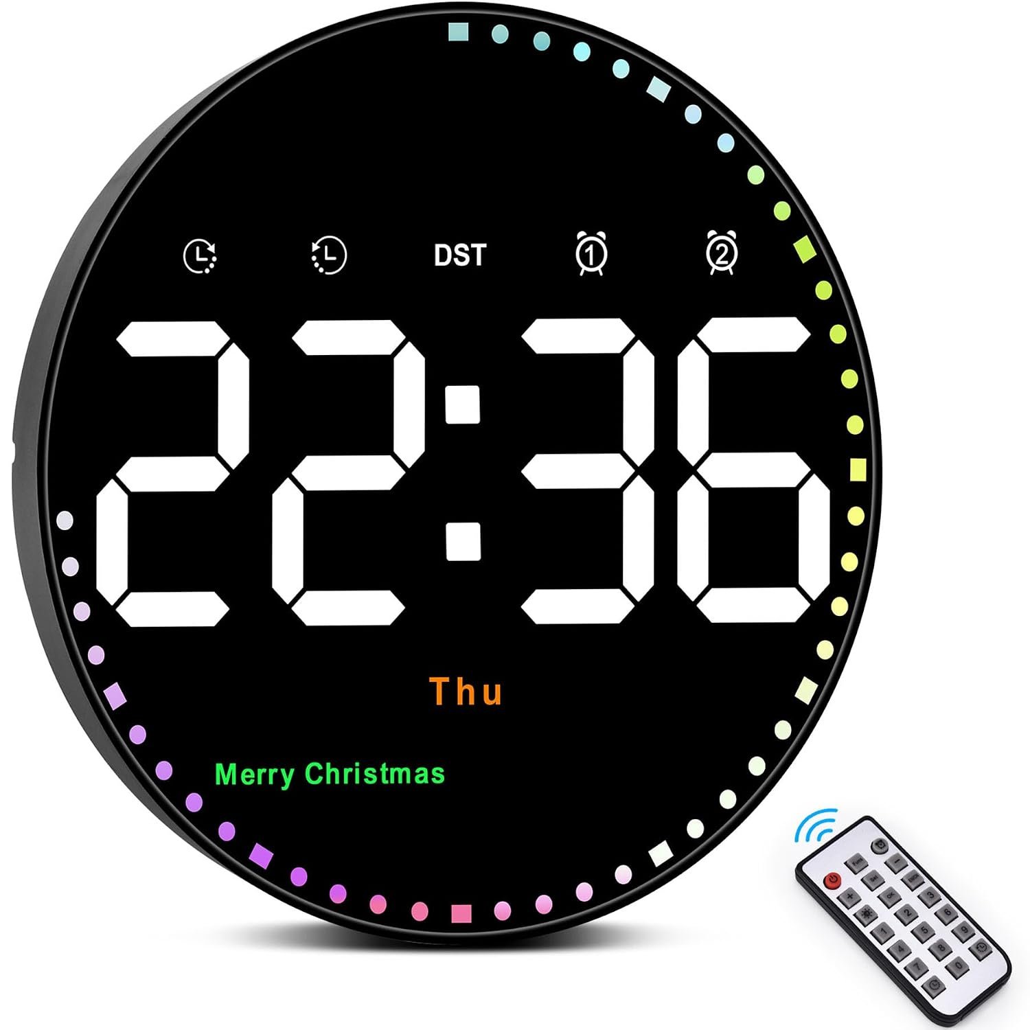 Digital Wall Clock, 10" LED Digital Clock Large Display with Colorful Dynamic Second Hand, Dimming, 12/24H, Date, Temperature, Clock for Living Room Bedroom Office Kitchen Decor, with Remote Control