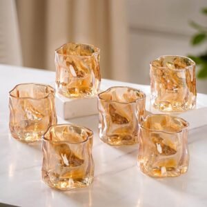 Nestasia Crystal Whiskey Glass Set of 6 (200ml Each) | Elegant Amber Abstract Design for Whiskey, Juice, Water & More | Stylish Bar Set Addition for Home & Celebrations - Perfect for Gifting