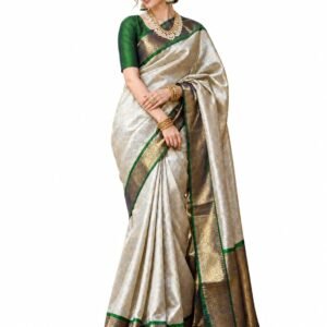 Womens Kanjivaram Banarasi Silk Saree | Heavy Zari Woven Jacquard Border and Pallu | Includes Blouse Material