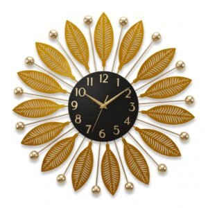 wall clock for hall, 21 Inch Heavy Metal Wall Watch | Decorative Items for Living Room Stylish | Wall Decor Items for Bedroom & Office Decor, Handcrafted Sunburst Leaf Design Large Analog Clock