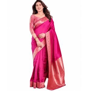 SHANTVAN GALLERY Banarasi Silk Saree For Women With Solid Plain Body And Heavy Jacquard Woven Zari Border And Rich Pallu | Includes Unstitched Brocade Blouse Piece For Weddings & Festive