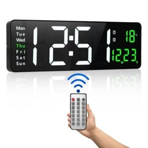 Plastic Digital Wall Clock with Remote,16 Inch Large Display Digital Wall Clocks with Time Date Temp Week,Big Digit,12/24Hr,Auto-Dimming,LED Digital Clock for Living Room,Store,Garage,Black