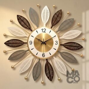 Metal Leaf Sunburst Clock for Hall Modern Neutral Design Wall Clock Art with Gold Dial Wall Clock for Bed Room Living Room and Office Decor