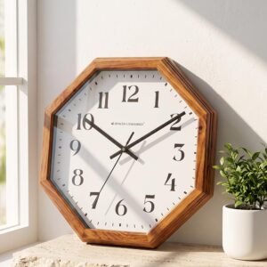 Stylish Wooden Wall Clock – Antique Teak Wood, 33cm Silent Sweep Non-Ticking, Handcrafted Octagon Design Clock for Living Room, Bedroom, Hall & Office Decor