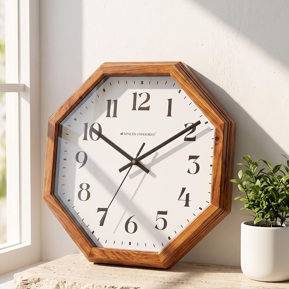 Stylish Wooden Wall Clock – Antique Teak Wood, 33cm Silent Sweep Non-Ticking, Handcrafted Octagon Design Clock for Living Room, Bedroom, Hall & Office Decor