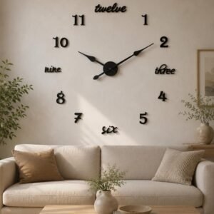 18 Inch DIY Acrylic Wall Clock, Silent Non-Ticking Frameless Self Adhesive Wall Clock, Mixed Number & Word Design, Modern Decorative Clock for Living Room, Bedroom, Office, Cafe, Black