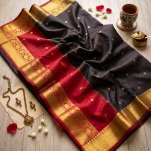 Kanjivaram Silk Saree, Black with Red & Gold Zari Border