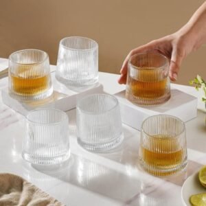 Nestasia Rotating Whiskey Glasses Set of 6 (150ml Each) - Ribbed Microwave & Dishwasher Safe Glasses with Rotating Base - Perfect for Whiskey, Scotch, Bourbon, Brandy, Cognac