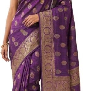 Women's Handloom Bambu Tussar Silk Banarasi Designer Saree with Attached Blouse Piece