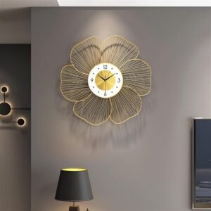 FUNTEREST Gold Handmade Metal Wall Clock Wire Design, Silent Decorative Wall Hanging Clock for Bedroom, Living Room, Dining Room, and Hallway (53x53cm)