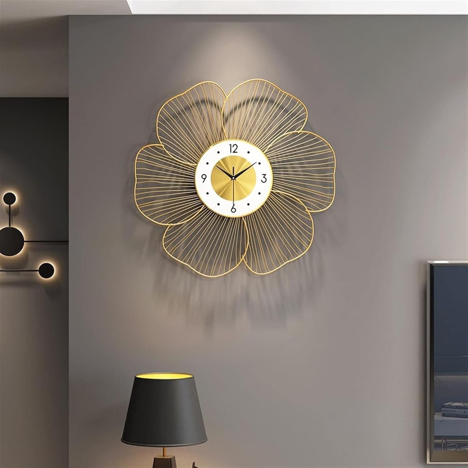 FUNTEREST Gold Handmade Metal Wall Clock Wire Design, Silent Decorative Wall Hanging Clock for Bedroom, Living Room, Dining Room, and Hallway (53x53cm)