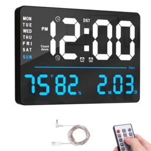 Digital Wall Clock, Digital Clock Large Display, Dual Alarms, Automatic Brightness Dimmer- Easy Track The Time, Date, Day of Week and Temperature, with Remote Control (16" SQUARE WHITE & BLUE)