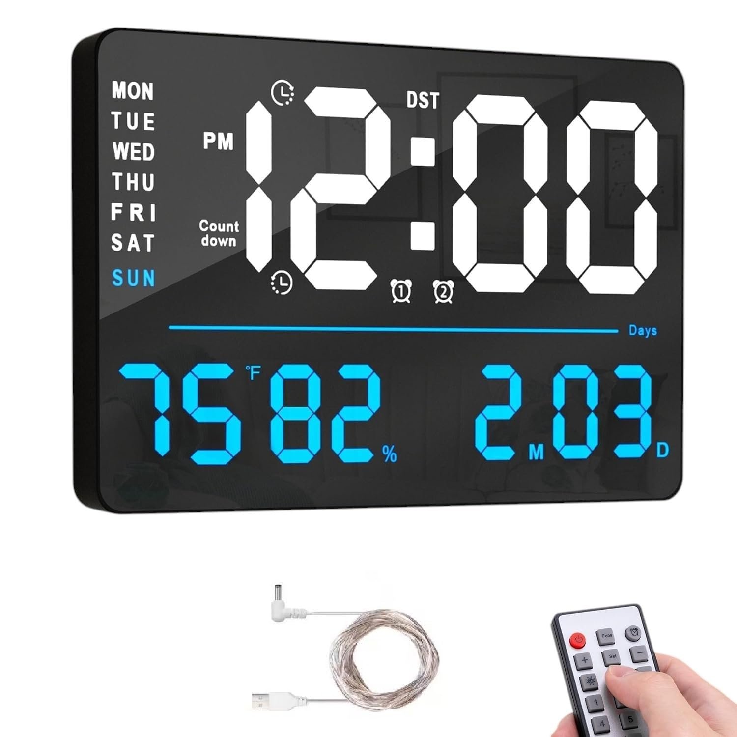 Digital Wall Clock, Digital Clock Large Display, Dual Alarms, Automatic Brightness Dimmer- Easy Track The Time, Date, Day of Week and Temperature, with Remote Control (16" SQUARE WHITE & BLUE)