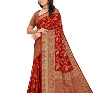 Banarasi Silk Saree for Women | Soft Silk Saree with Traditional Floral & Paisley Woven Design | Red & Golden Saree with Blouse Piece | 6.10 m Saree + 0.80 m Blouse