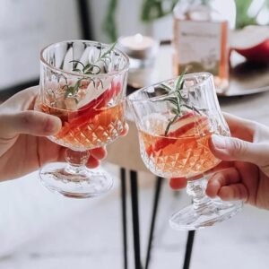Avastro Hand Blown 200ml Vintage Diamond Embossed Goblets Champagne Flutes Glasses Stemmed Red Wine Glass Brandy Glasses Pack of 2