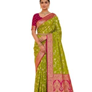 ALPHAFOX Banarasi Silk Saree with Zari Weaving Meenakari Design, Rich Pallu, Contrast Border with Tassels, Unstitched Blouse Piece Included
