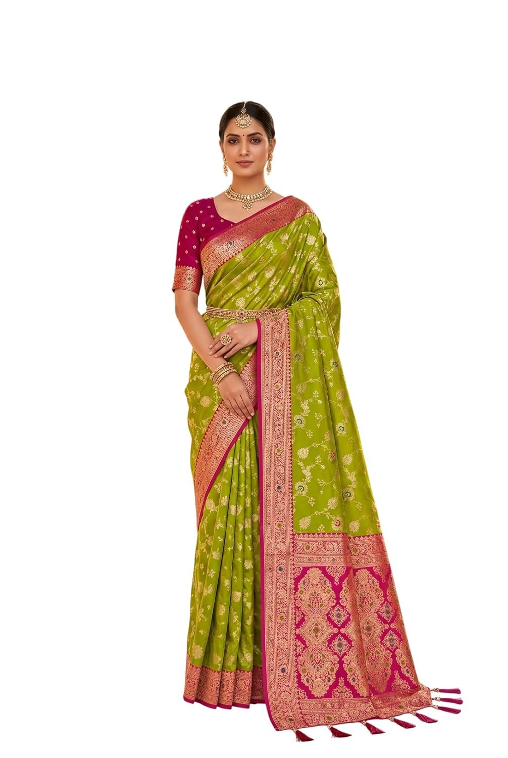 ALPHAFOX Banarasi Silk Saree with Zari Weaving Meenakari Design, Rich Pallu, Contrast Border with Tassels, Unstitched Blouse Piece Included
