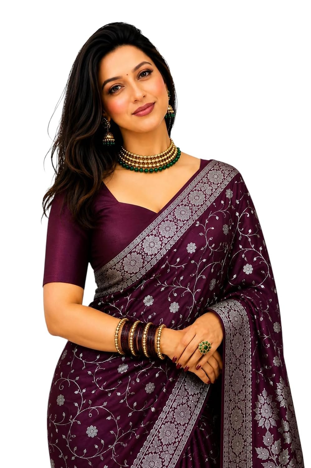 Banarasi Satin Saree Floral Motifs Jaal Embroidery Silver Zari Work