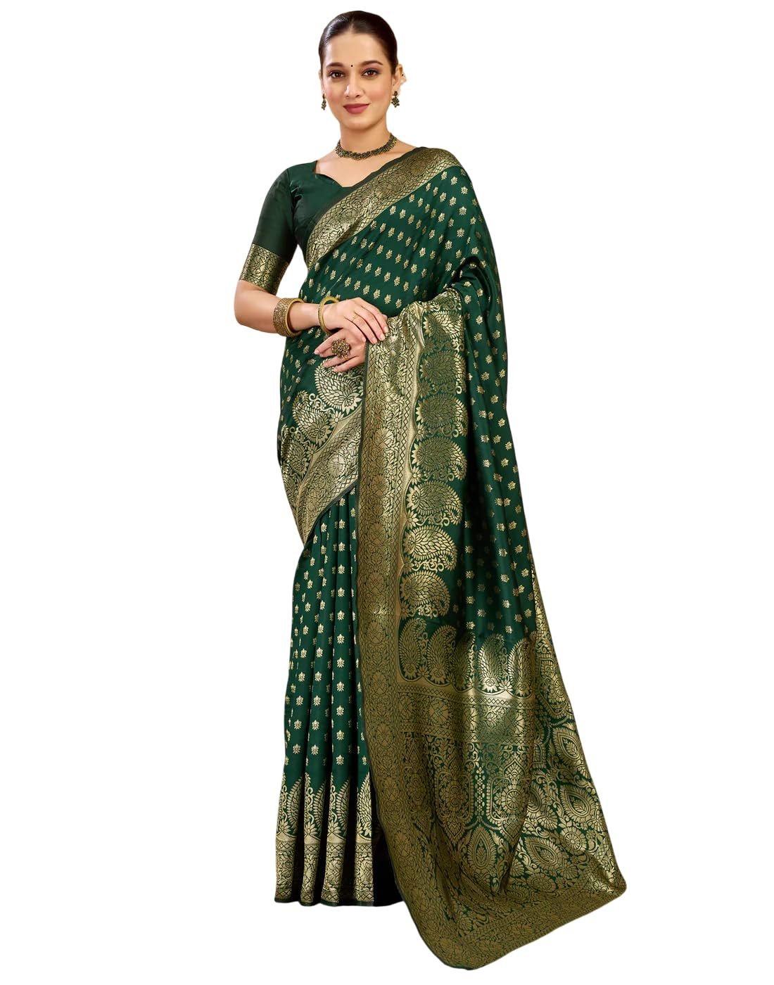 WOMENS Jacquard Banarasi Silk Solid Woven Rich Pallu Border And Floral Zari Party wedding Fashion Saree