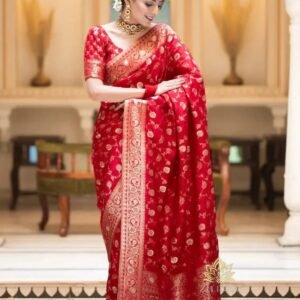 Red Traditional Banarasi Silk Saree with Golden Zari Weaving & Blouse