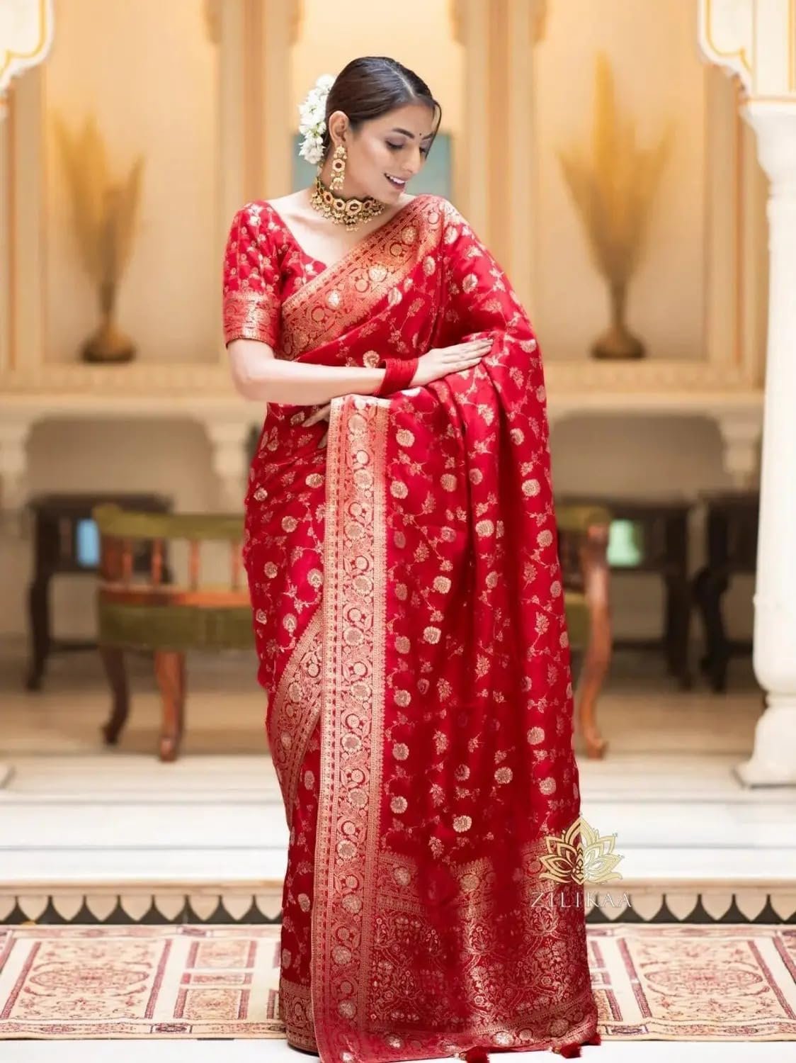 Red Traditional Banarasi Silk Saree with Golden Zari Weaving & Blouse