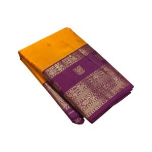 Handloom Kanchipuram Pure Silk Saree | Traditional South Indian Handwoven Draping with Striped Zari Border | Gift Choice for Family Celebrations and Cultural Events (Yellow & Purple)
