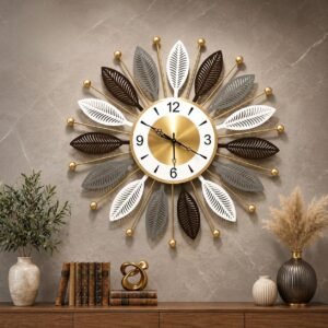 FUNTEREST Large Metal Decorative Wall Clock for Living Room | Luxury Sunburst Leaf Design Wall Clock | Multicolor Vintage Finish | Silent Quartz Movement | Home, Bedroom & Office Wall Décor (55X55)