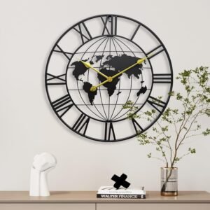 Ventuos K Group Large World Map Wall Clock, Metal Minimalist Modern Clock, Round Silent Non-Ticking Battery Operated Wall Clocks for Living Room/Home/Kitchen/Bedroom/Office/School Decor (24 Inch)