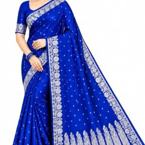 Blue Banarasi Silk Saree with Silver Zari Floral Border | Traditional Woven Ethnic Saree for Women | Designer Banarasi Silk Saree with Unstitched Blouse Piece