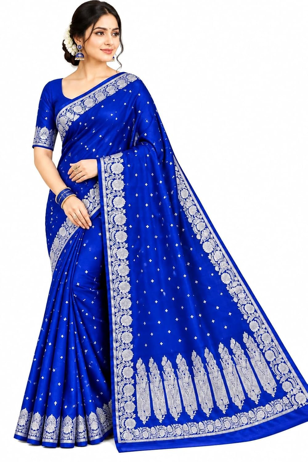 Blue Banarasi Silk Saree with Silver Zari Floral Border | Traditional Woven Ethnic Saree for Women | Designer Banarasi Silk Saree with Unstitched Blouse Piece