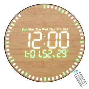 Bamboo Wooden LED Digital Wall Clock - Modern Round Dual Analog & Digital Display with Remote Control, Temperature, Humidity, and Date Multi-Function Wooden Decor for Living Room, Office, and Bedroom