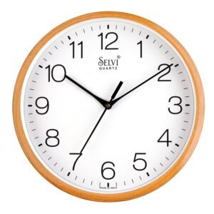 SELVI Quartz Premium Wall Clock | Elegant Golden Wood Finish | Natural Wooden Finish Frame with Bold Black Numbers | Clean White Dial Analog Display for Living Room, Bedroom, Kitchen & Office