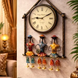 Metal Wall Clock with Decorative Traditional Rajasthani Musician | Stylish Iron Wall Art for Living Room, Bedroom, Office | Unique Diwali Gift & Home Decor | Fancy Clock for Living Room