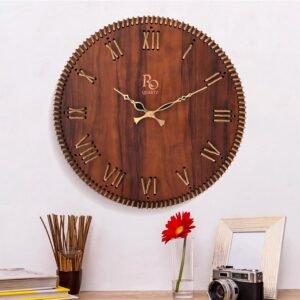 Wooden Round Shape Roman Dial Wall Clock with Brown Jute Detailing & Golden Hands | Silent Quartz Movement, Anti-Glare Finish Analog Vintage Clock for Home & Office (Brown, 15.5 Inch)