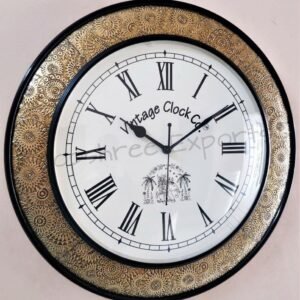 Vintage Clock Wooden Hand-Crafted Brass Inlay Large Wall Clock / 1 Year Warranty / 16X16 Inches (40 Cm'S), Analog