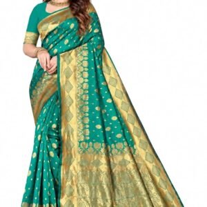 Womens Kanjivaram Banarasi Soft Silk Saree with Rich Woven Zari Butti and Heavy Border | Designer Traditional Festive Saree for Wedding, Bridal and Party | With Blouse Material