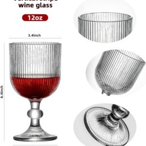 Avastro Vintage Goblet Red White Wine Champagne Flutes Stemware Set Nordic Ripple Ribbed Style Clear Bead Machine Pressed Heavy Glass 350ml Pack of 2