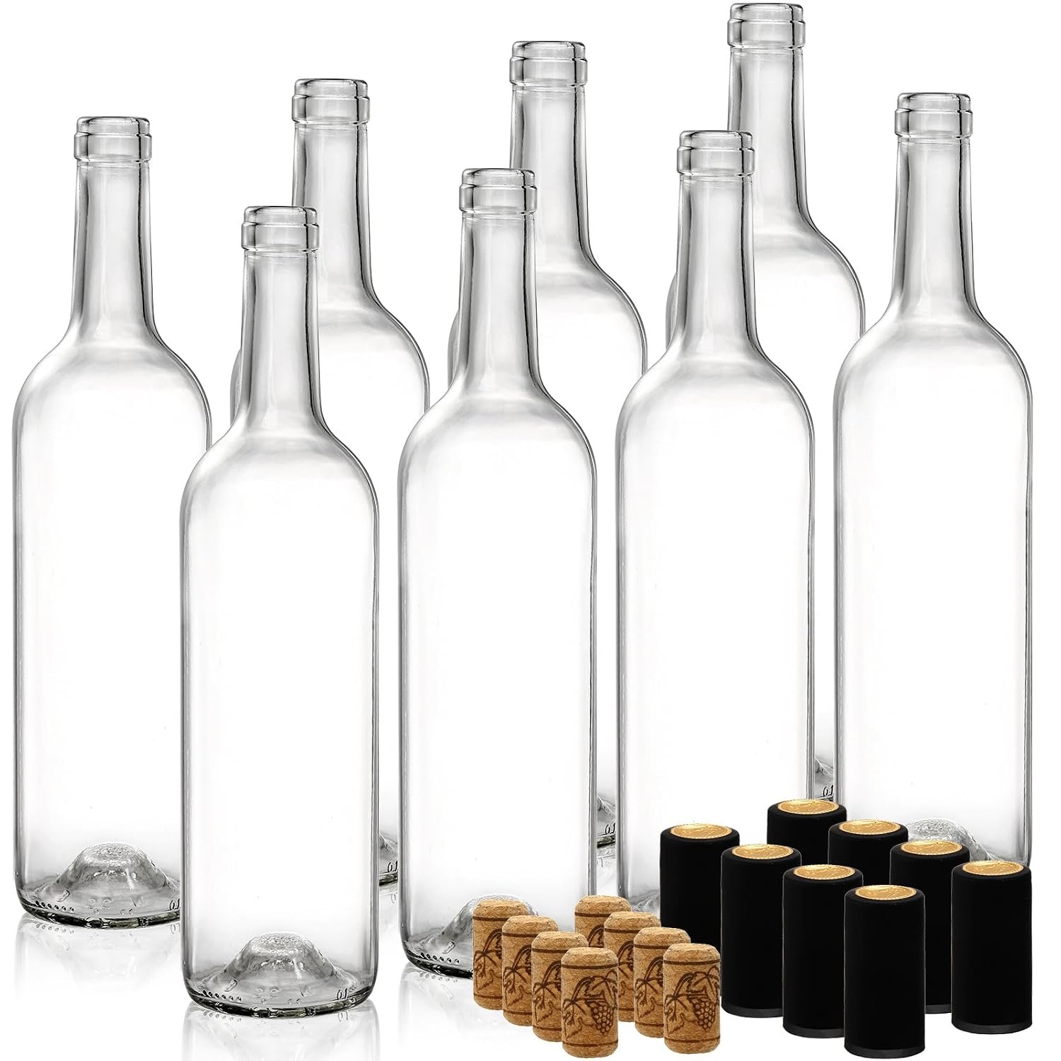 DEAYOU 8 Pack 750ml Bordeaux Wine Bottles, Glass Clear Bottles with 8 Corks and PVC Shrink Capsules, Flat-Bottomed Empty Bottles for Liquor, Champagne, Limoncello, Juice, Beverage, Kefir