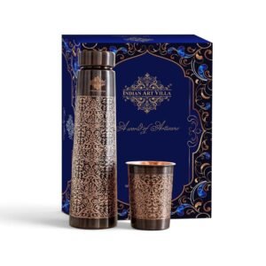 INDIAN ART VILLA Copper Bottle and Glass Set – Antique Dark Embossed Design, 800 ML Bottle & 275 ML Glass, Ayurvedic Drinkware for Daily Use, Office, Travel, Bedside & Festival Gifting