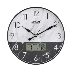 Sonam Quartz Analog + Digital Wall Clock | Size - 12 inch | LCD Wall Clock with Display for Calendar & °C Temperature | Non Ticking Silent Movement | Sleek Jet Black - White Marble Color