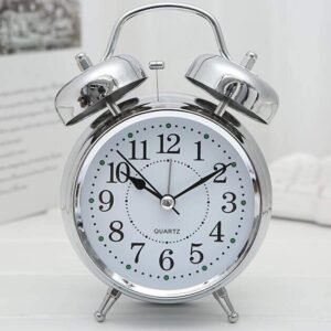 Vintage Classic Twin Bell Table Top Alarm Clock, Silver, with LED Night Light Display, for Bedroom, Adults, Kids and Students