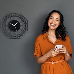 Luxurious Octagon Metallic Wall Clock for Home, Office, Living Room, Bedroom, Kids Room and Kitchen (35 x 35 cm) | Stylish Latest Home Decor | Black Color (Battery Included) - Analog