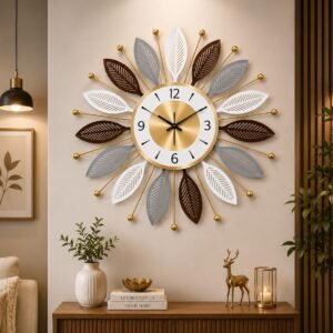 URBAN INSPIRATIONS Modern Metal Wall Clock for Living Room | Premium Sunburst Leaf Decorative Wall Clock | Silent Quartz Iron Wall Clock for Home, Bedroom, Hall & Office | White Brown Gold | 52 CM