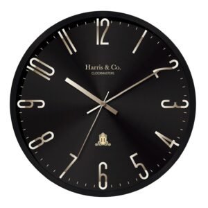HARRIS & CO. CLOCKMASTERS Silent Sweep Noiseless Technology Analog Wall Clock With Metal Golden 3D Numbers (14 Inch, Black Metal Frame & Dial, Model - Jermyn Street)